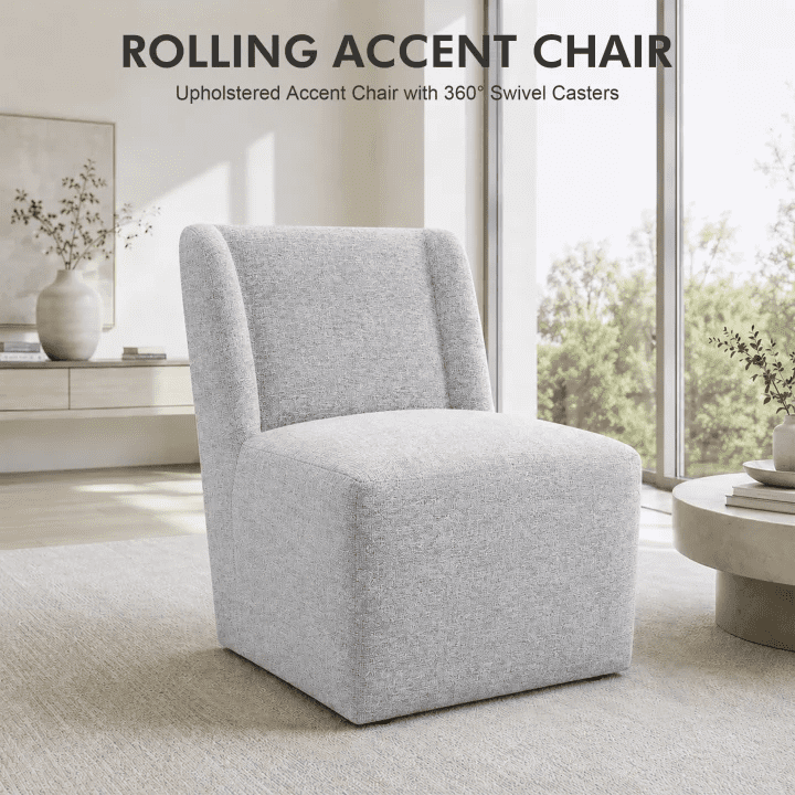 Aenkyo Upholstered Dining Chair with Casters, Modern Wingback Accent Side Chair, Feather Gray