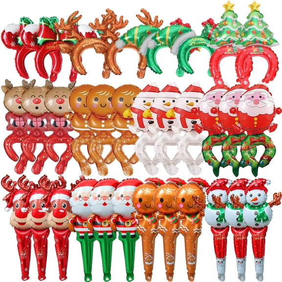 Christmas Party Decorations, 36 Pcs Christmas Foil Balloon Set, 12 Santa Headband Balloons, 12 Reindeer Wrist Balloons, 12 Gingerbread Handheld Balloons for Xmas Party Balloons Decoration