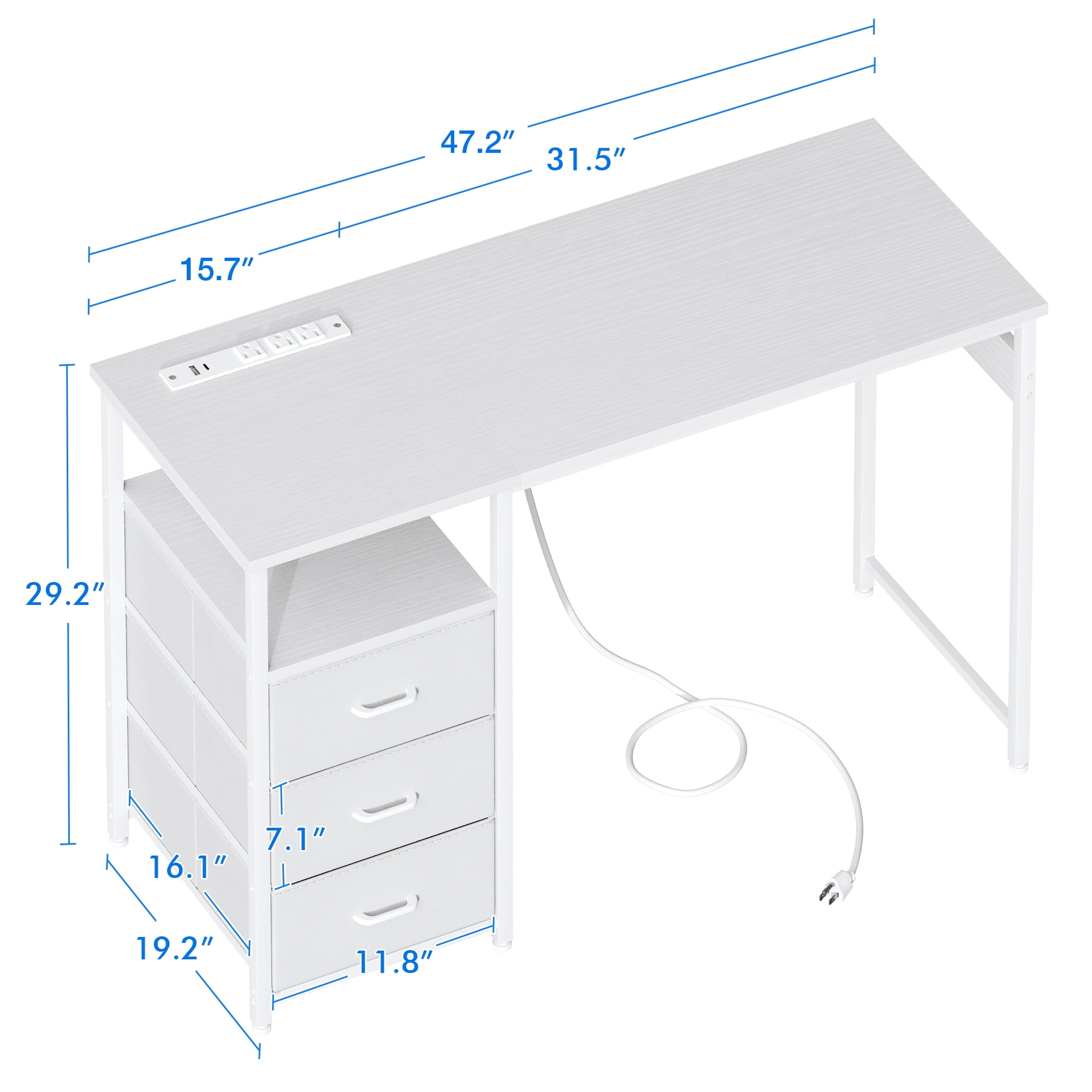 48 inch Computer Desk with Power Outlets, Home Office Desk with 3 Drawers, Writing Desk, Vanity Desk for bedroom, White