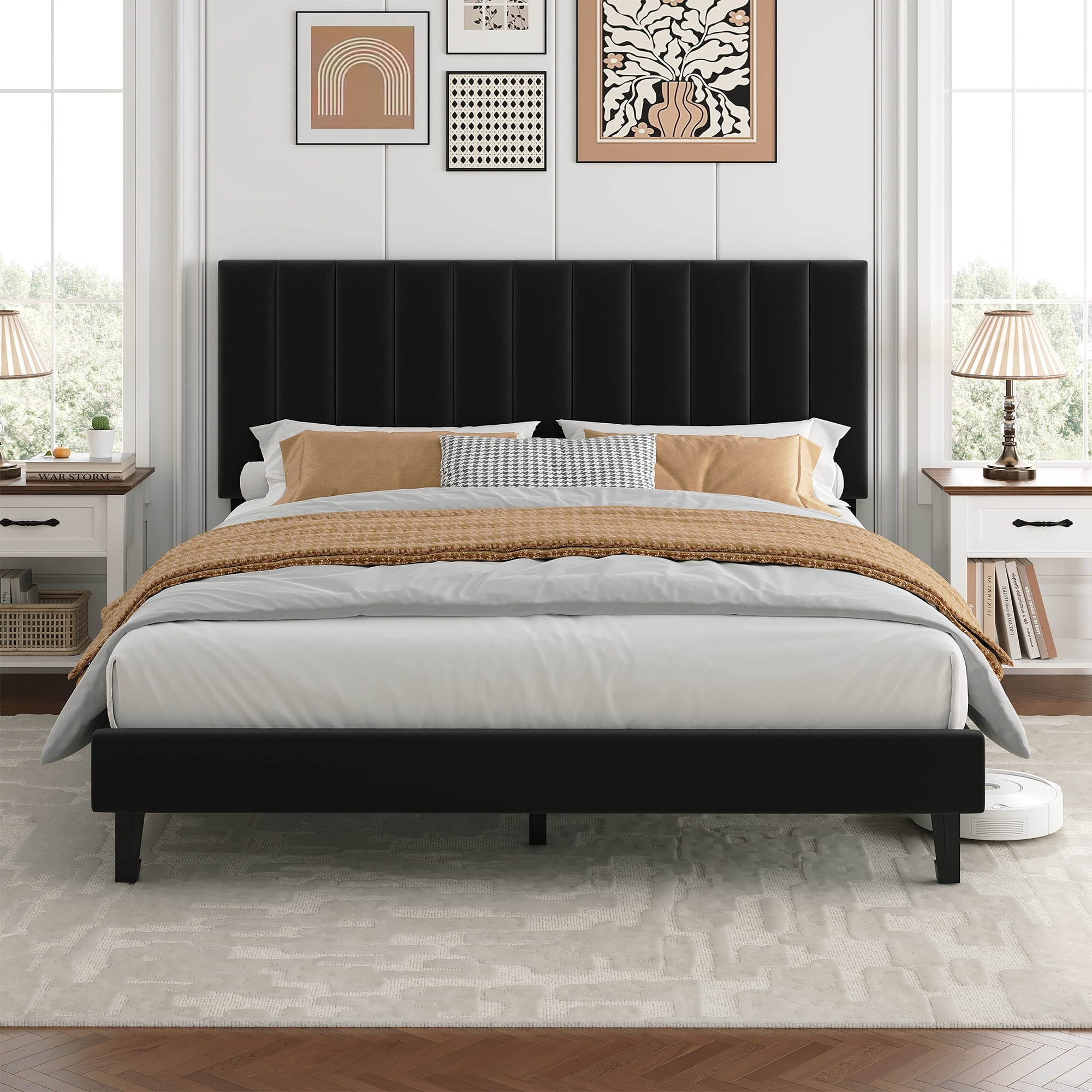 Queen Bed Frame with Adjustable Headboard, Velvet Upholstered Platform Bed Frame Queen Size, Strong Wooden Slats, No Box Spring Needed, Easy Assembly, Black