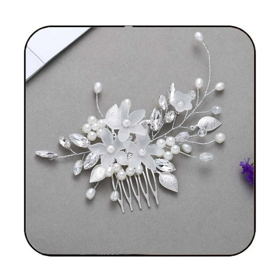 Flower Bride Wedding Hair Comb Silver Pearl Bridal Hair Piece Crystal Hair Accessories Leaf Hair Jewelry for Women and Girls