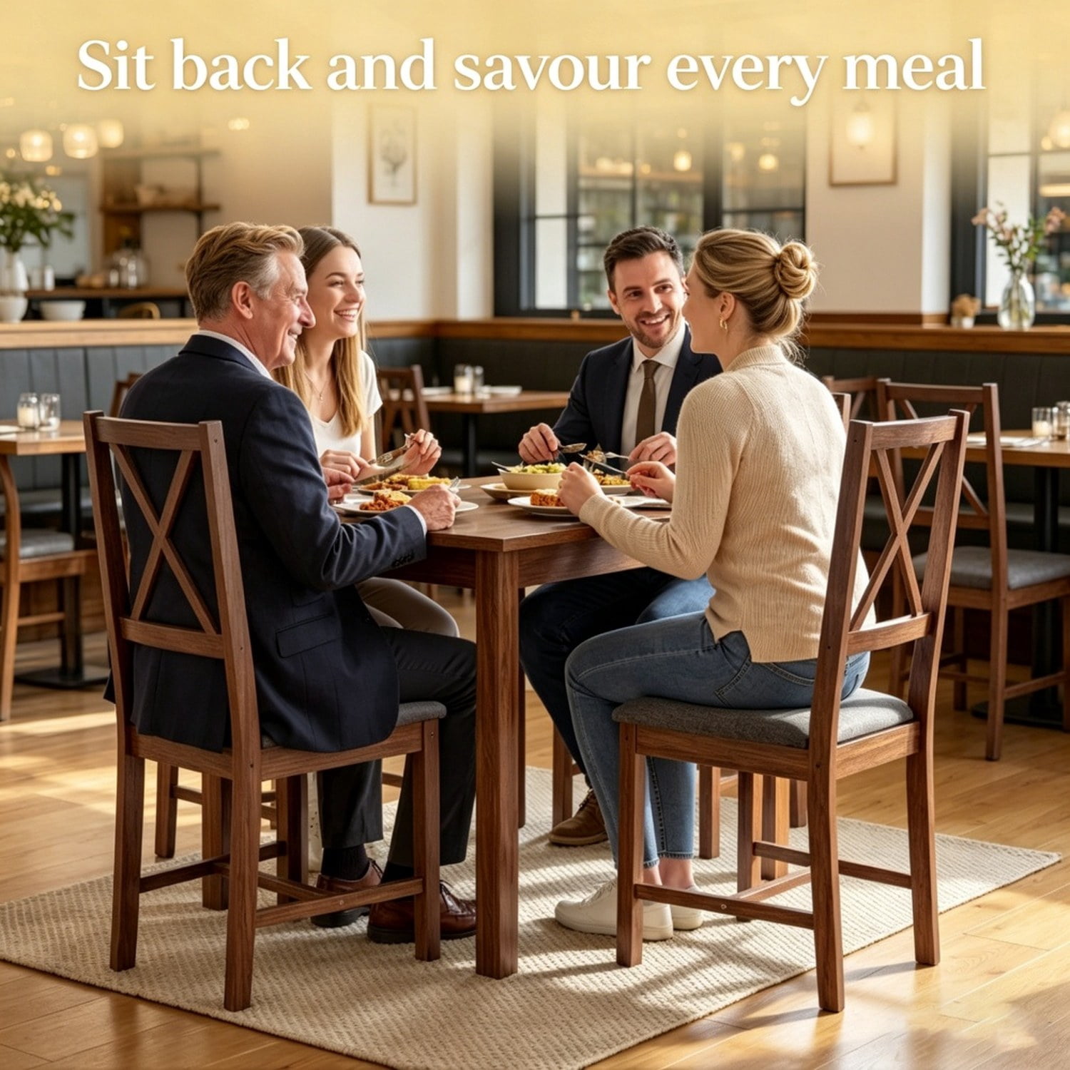 4-Piece Mid-Century Modern Dining Chairs, Walnut Finish with Gray Linen-Look Upholstery, X-Back, Padded Seat, Solid Rubberwood Frame, Armless, 264 lb Capacity