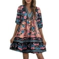 thumbnail image 1 of KOMOO Women Bohemian Short Dress Ethnic Floral V-Neck Puff Sleeve Loose Dress Swing Beach Dress, 1 of 4