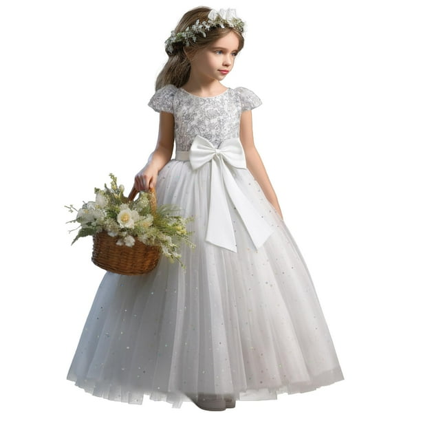 Vestido de flores para niña, vestido de princesa de encaje para fiesta de bodas, talla 140 (7-8 años, 53 blanco)