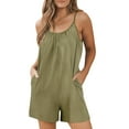 thumbnail image 3 of QATAINLAV Women's Summer Romper 2025 Trendy Backless Sling Sleeveless Jumpsuit Casual Pleated Neck Short Overalls with Pockets Vacation Outfits Army Green XL, 3 of 8