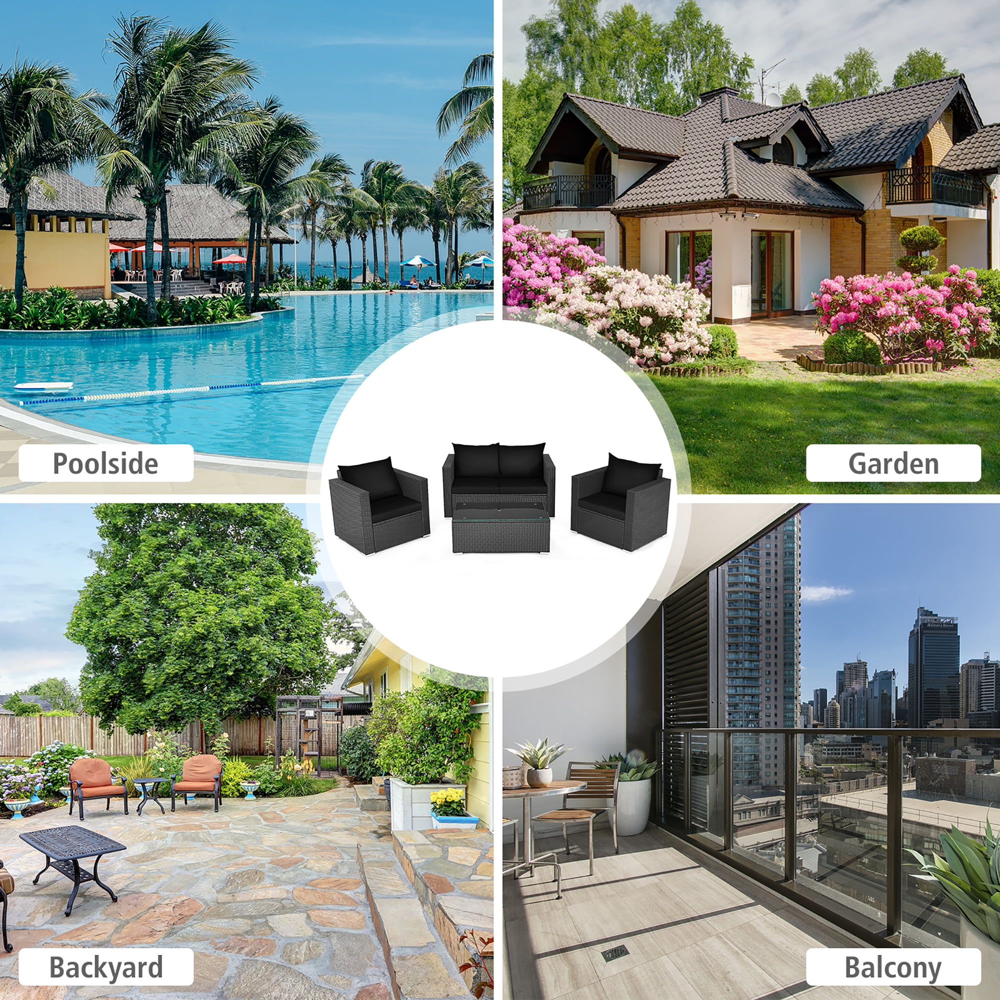 Costway 4PCS Patio Rattan Furniture Set Cushioned Sofa Chair Coffee Table Black