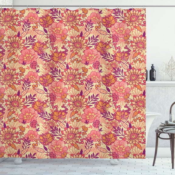 Ambesonne Purple Rose Shower Curtain, Romantic Floral Art, 69"Wx84"L, Peach Coral and Dark Magenta