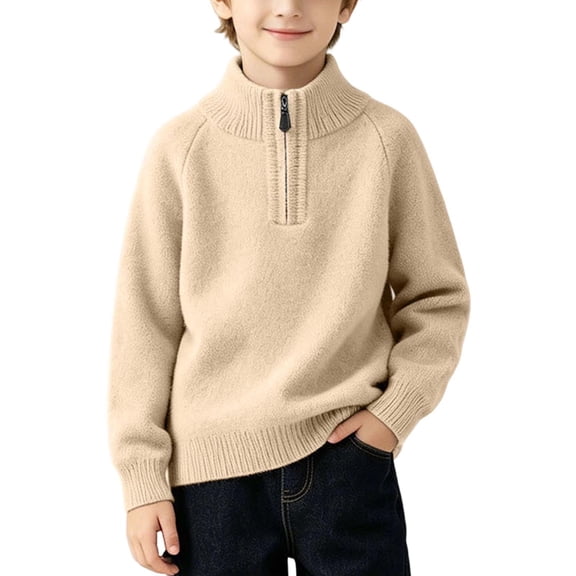 Qiyinn Boys' Fashion Solid Color Knitted Half Zipper Shoulder Insert Long Sleeve Sweater Half High Collar Top | Kids Boys Girls Casual Top Daily Wear School Comfortable Outfit