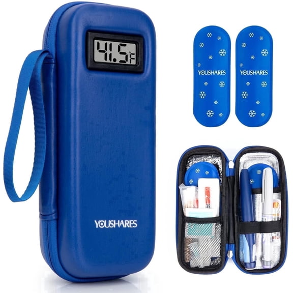 YOUSHARES Insulin Cooler Travel Case with Temperature Display - Refrigerated Medicine Cooling Bag with 2 TSA Approved Ice Pack, Medication Pen Diabetic Supplies Organizer for Trip and Daily(Blue)