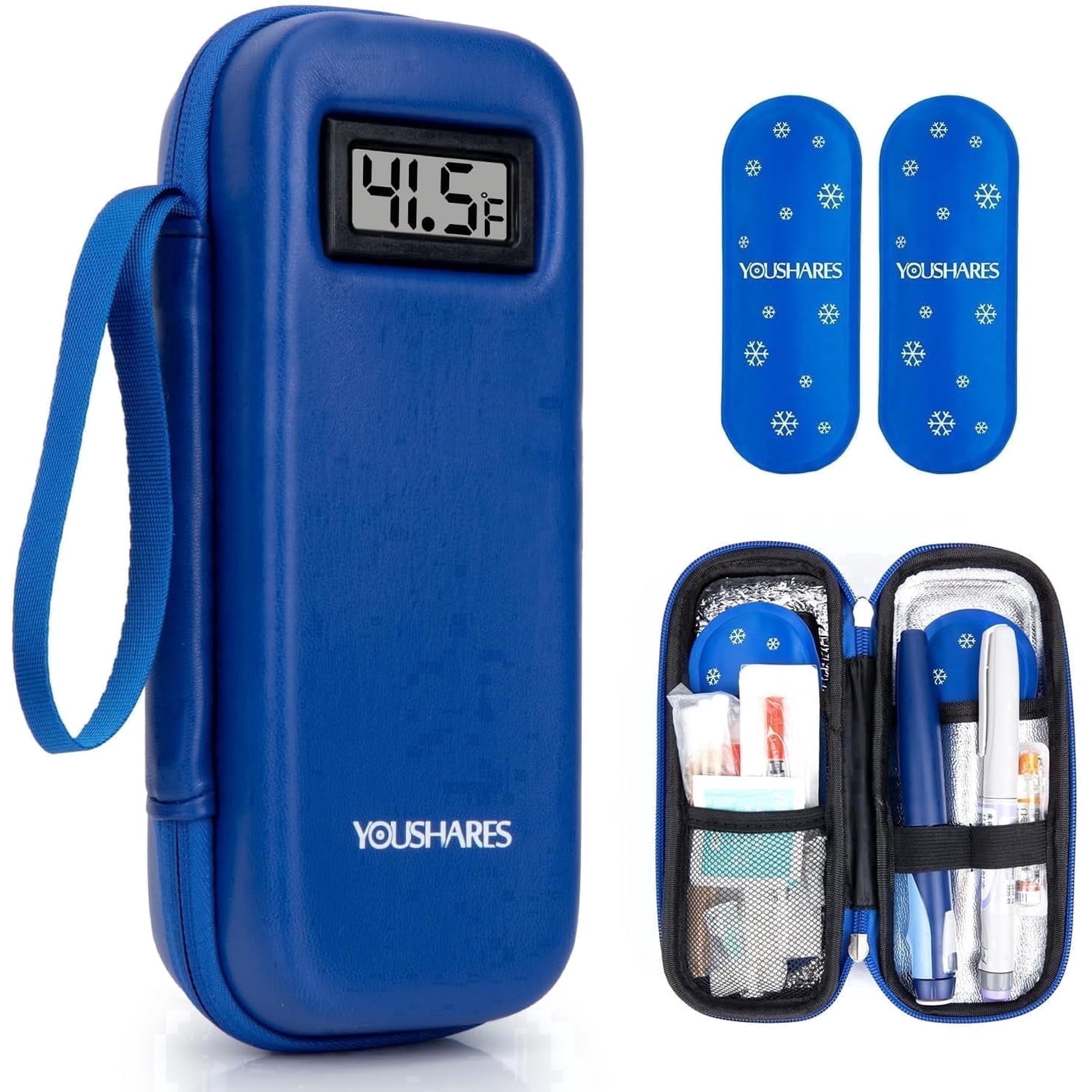 YOUSHARES Insulin Cooler Travel Case with Temperature Display - Refrigerated Medicine Cooling Bag with 2 TSA Approved Ice Pack, Medication Pen Diabetic Supplies Organizer for Trip and Daily(Blue)
