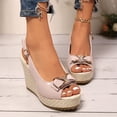 thumbnail image 2 of Rokment Bridal Glitter Rhinestones Bow Platform Wedge Dressy Sandals for Women Elegant Casual Leather Peep Toe Bowknot Espadrilles Chunky High Heel Wedding Slingback Dress Summer Shoes Pink Size 6.5, 2 of 7