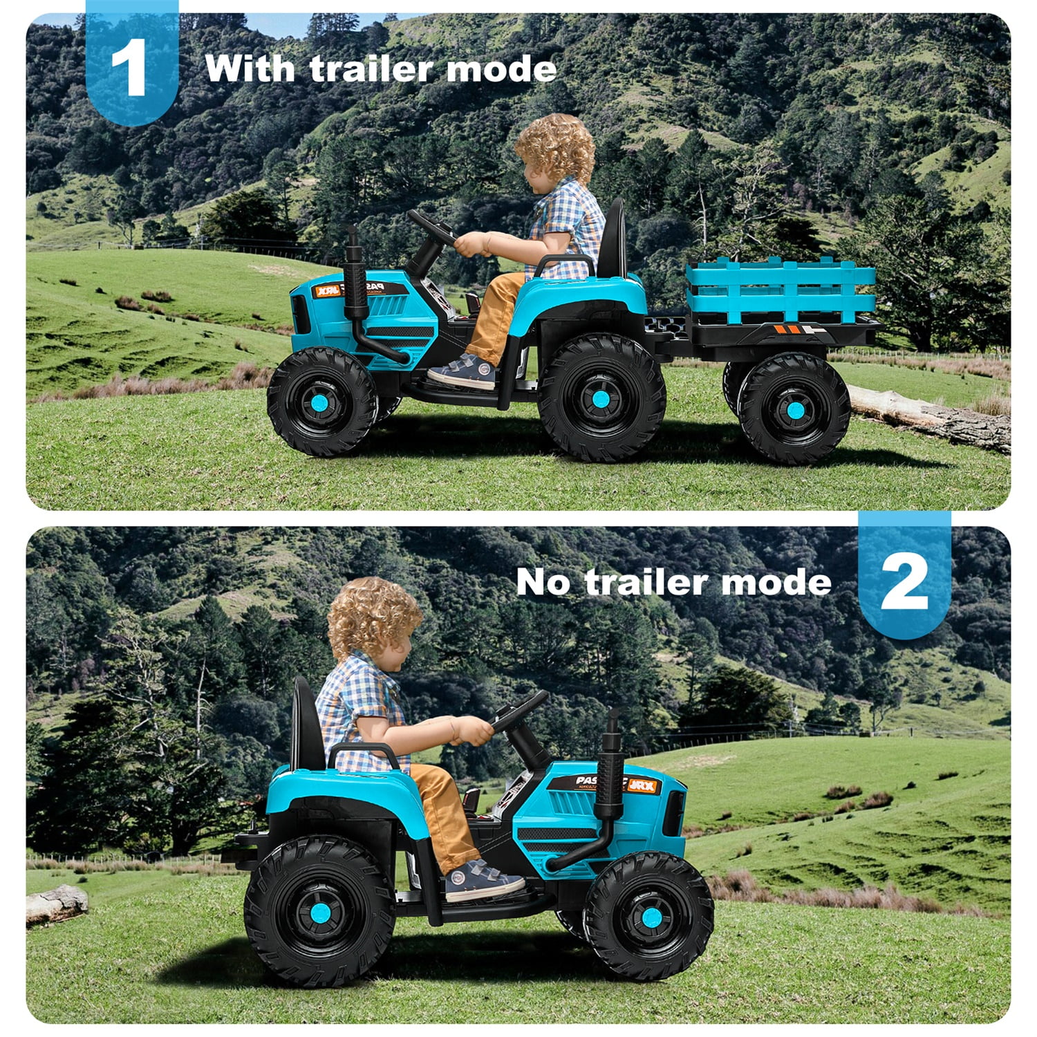 CIPACHO 12V Ride On Tractor with Trailer, 2.4RC, Electric Kids Car Three Speed Adjustable, USB, MP3, Power Display, Blue CIPACHO 12V Ride On Tractor with Trailer, 2.4RC, Electric Kids Car Three Speed Adjustable, USB, MP3, Power Display, Blue