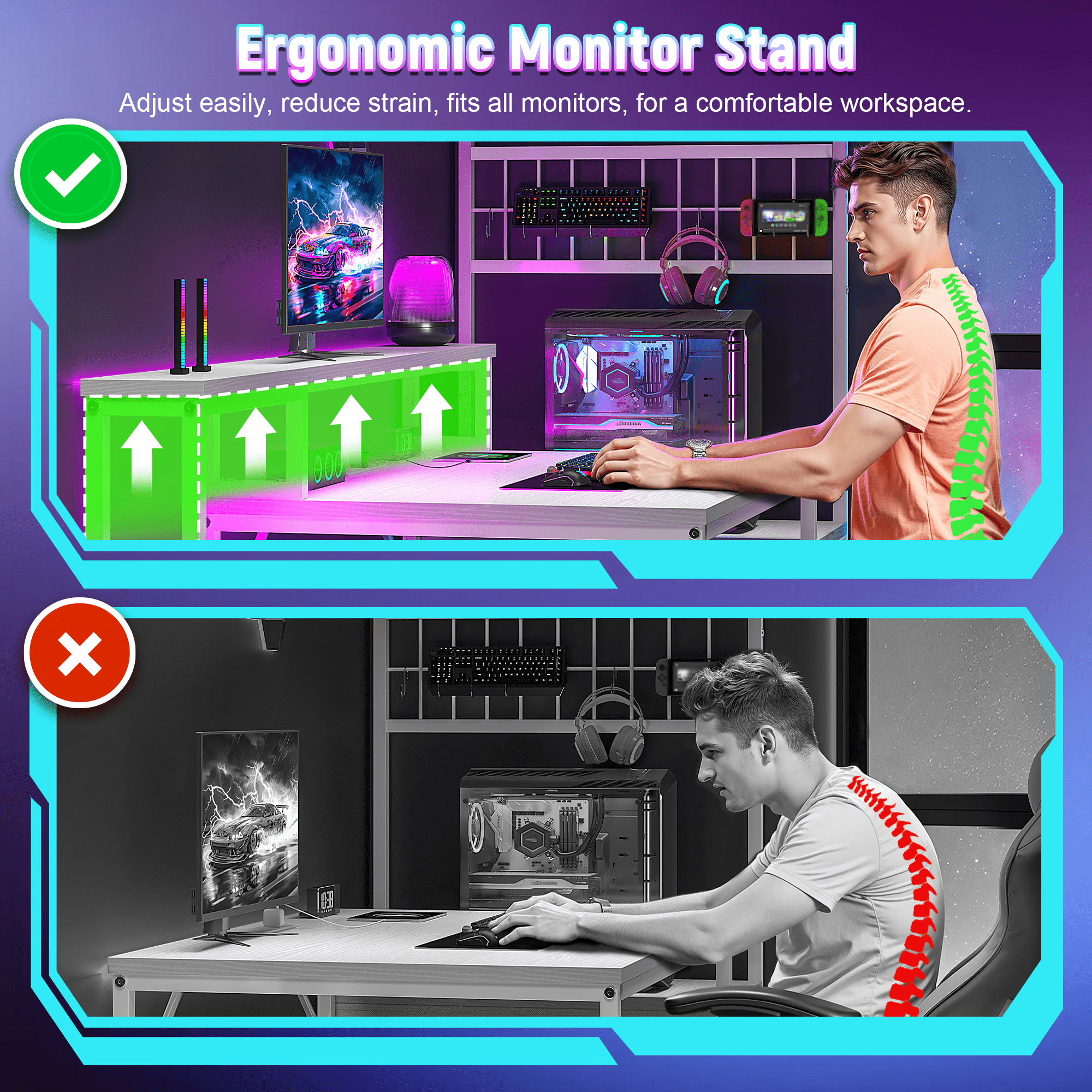 Romorgniz 55"W Gaming Desk Computer Desk with Hutch & Monitor Stand Corner Desk with LED Lights & Outlets for Gaming,Studying,Home Office Desks,White