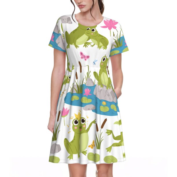 Disketp Cartoon Frogs para Vestido de Manga Corta para Mujeres, Vestidos de Verano para Mujeres, Casual y Holgado para la Playa