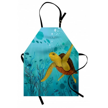 

Turtle Apron Cartoon Cute Animal Under the Sea Silhouettes of Fish Sun Rays Coral Unisex Kitchen Bib Apron with Adjustable Neck for Cooking Baking Gardening Turquoise Mustard Brown by Ambesonne