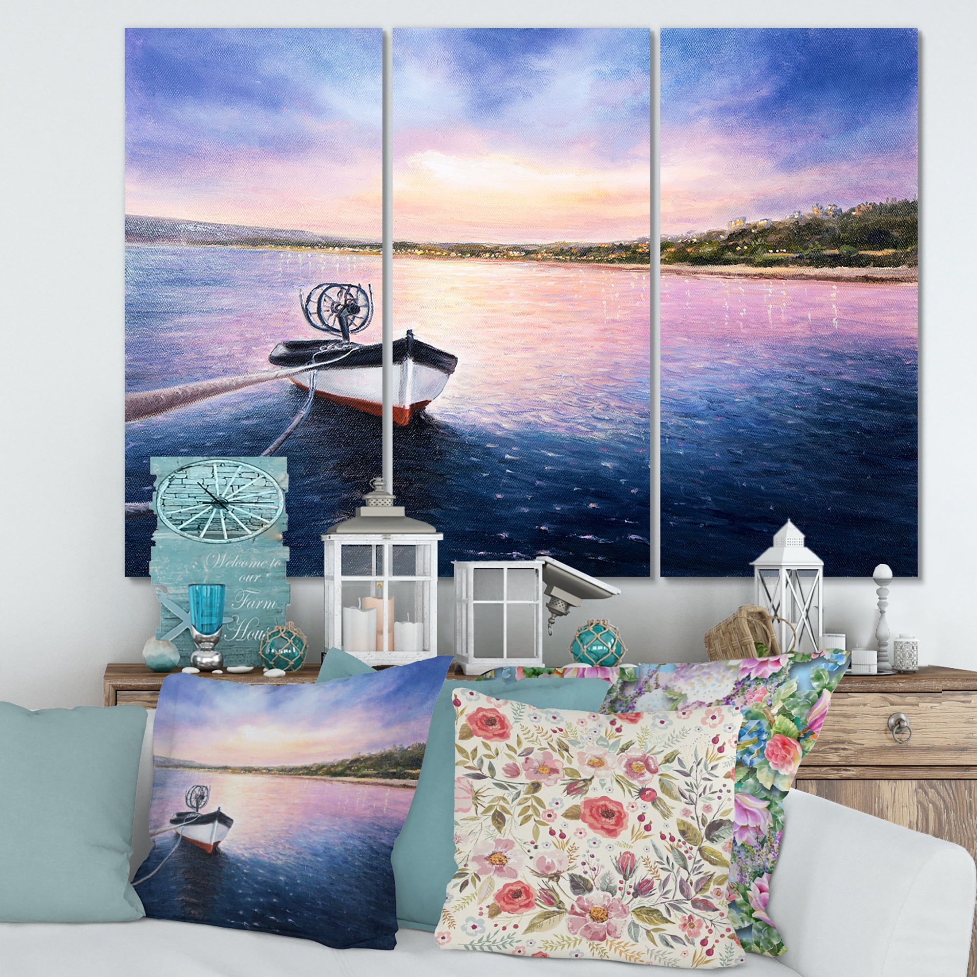 Designart ' VIbrant Sunset Over Fishing Boat By The Shore ' Lake House Canvas Wall Art Print