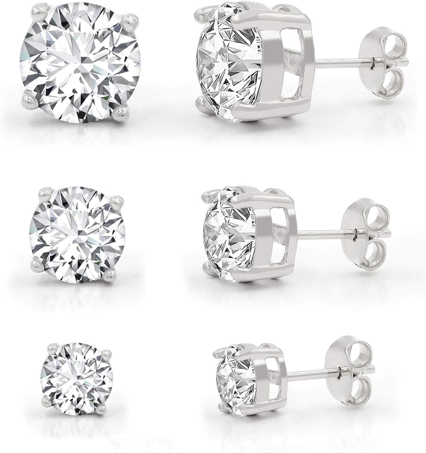 .925 Sterling Silver Round Cut Clear Cubic Zirconia Stud Earrings 4 Carats