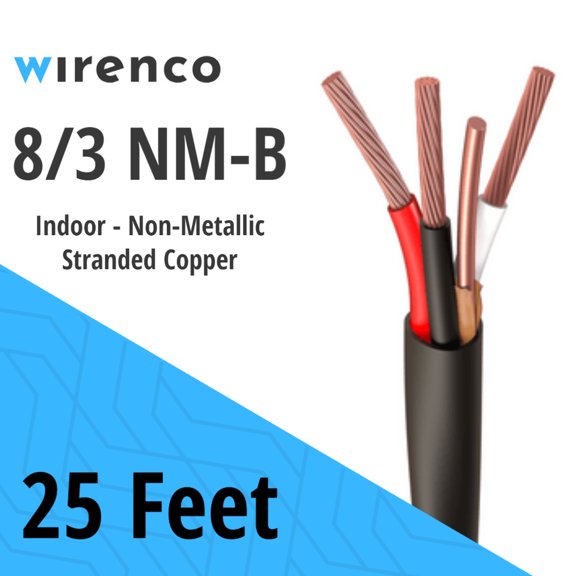 Wirenco 8/3 NM-B, Non-Metallic, Sheathed Cable, Residential Indoor Wire, Equivalent to Romex (25Ft Cut)