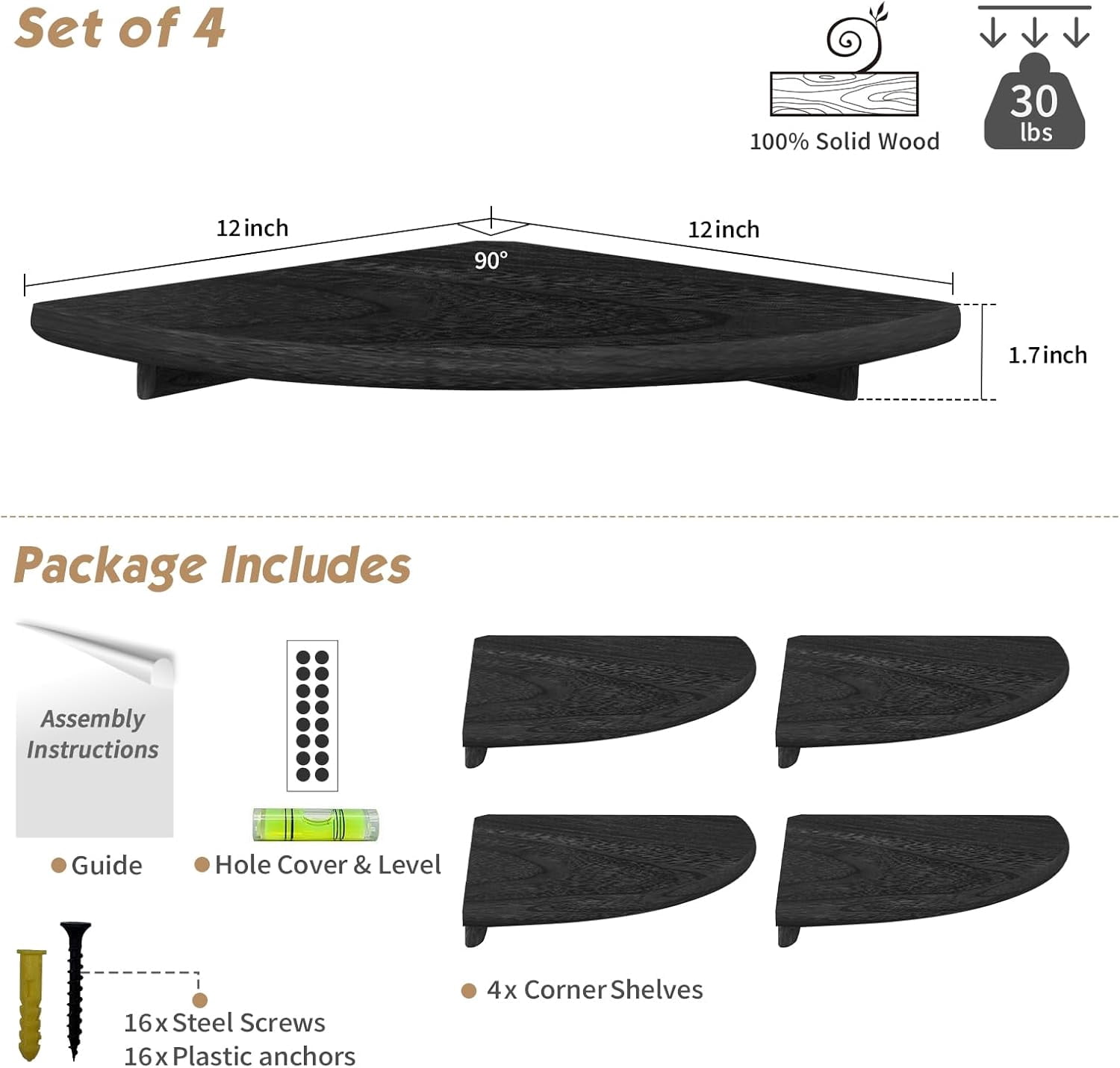 Black Floating Corner Bookshelf for Wall Set of 4, Large Corner Plant Shelves for Living Room, Rustic Rounded Hanging Bookshelves Wall Mounted for Bedroom Books, Kitchen, Closet, Office