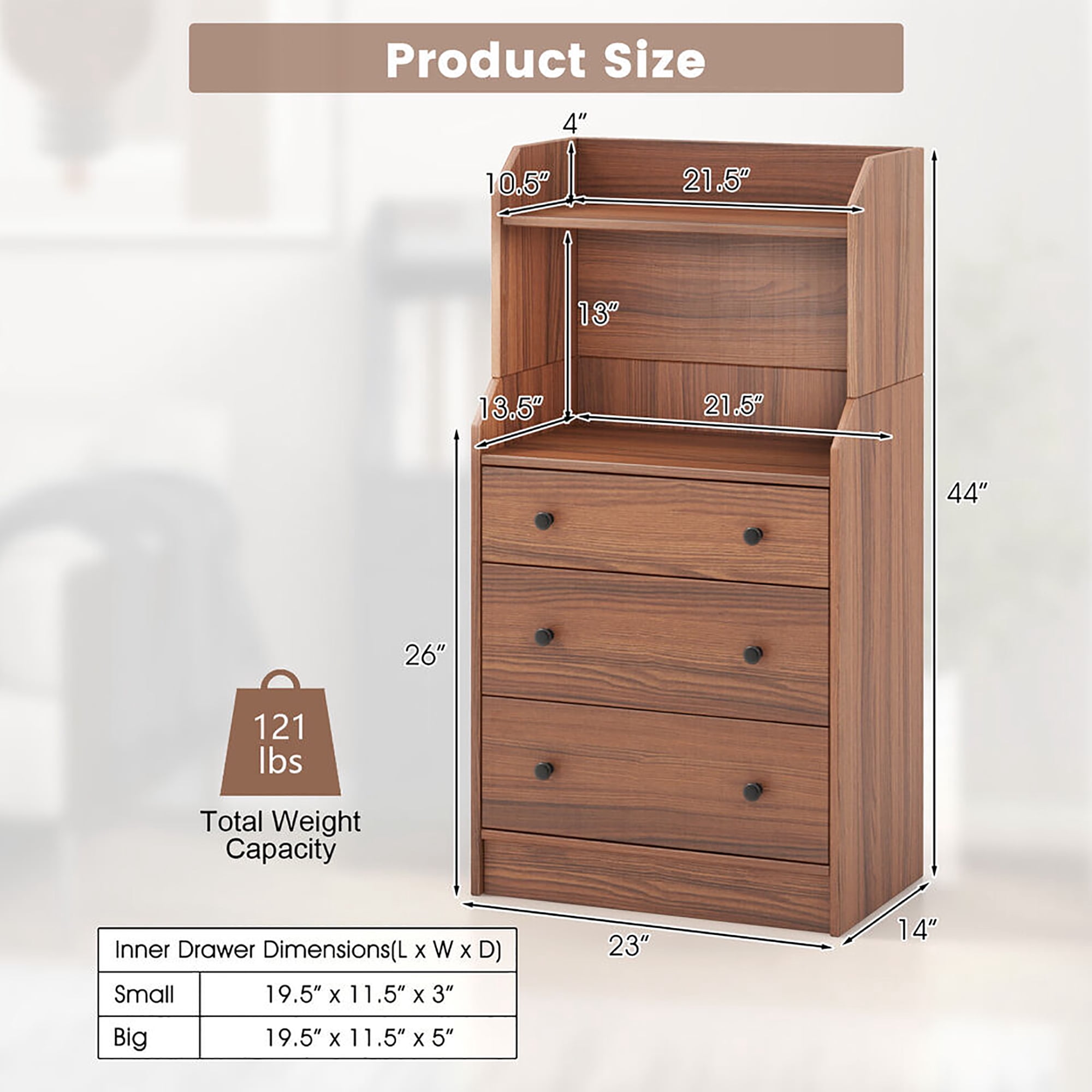 Gymax, 3-Drawer Dresser, 44'' Tall Walnut, Wood Storage Organizer