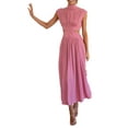 thumbnail image 2 of Women Summer Casual Long Dress Solid Color Stand Collar Waist Hollow-Out Sleeveless Dress Beach Holiday Loose Dress, 2 of 8