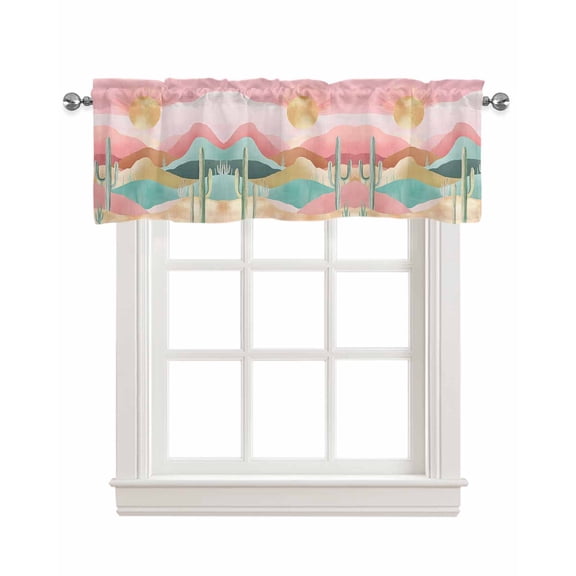 Southwest Boho Kitchen Valances for Windows Farmhouse Linen Window Valance Curtain for Living Room Window Treatment Abstract Watercolor Cactus Mountain Valance Rod Pocket Topper Drape, 60 x 18 Inch