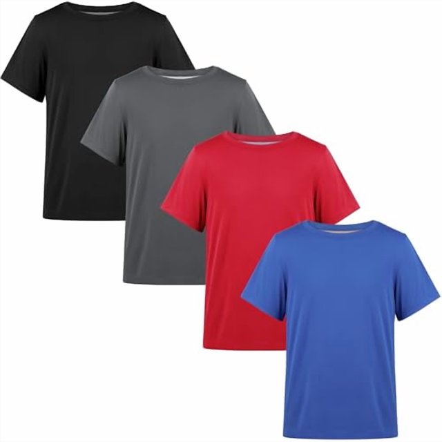 BIG ELEPHANT Boys Athletic Short T-Shirts, UPF 50+ Sun Protection Rash Guard Shirts, 4 pack, 6-17Y
