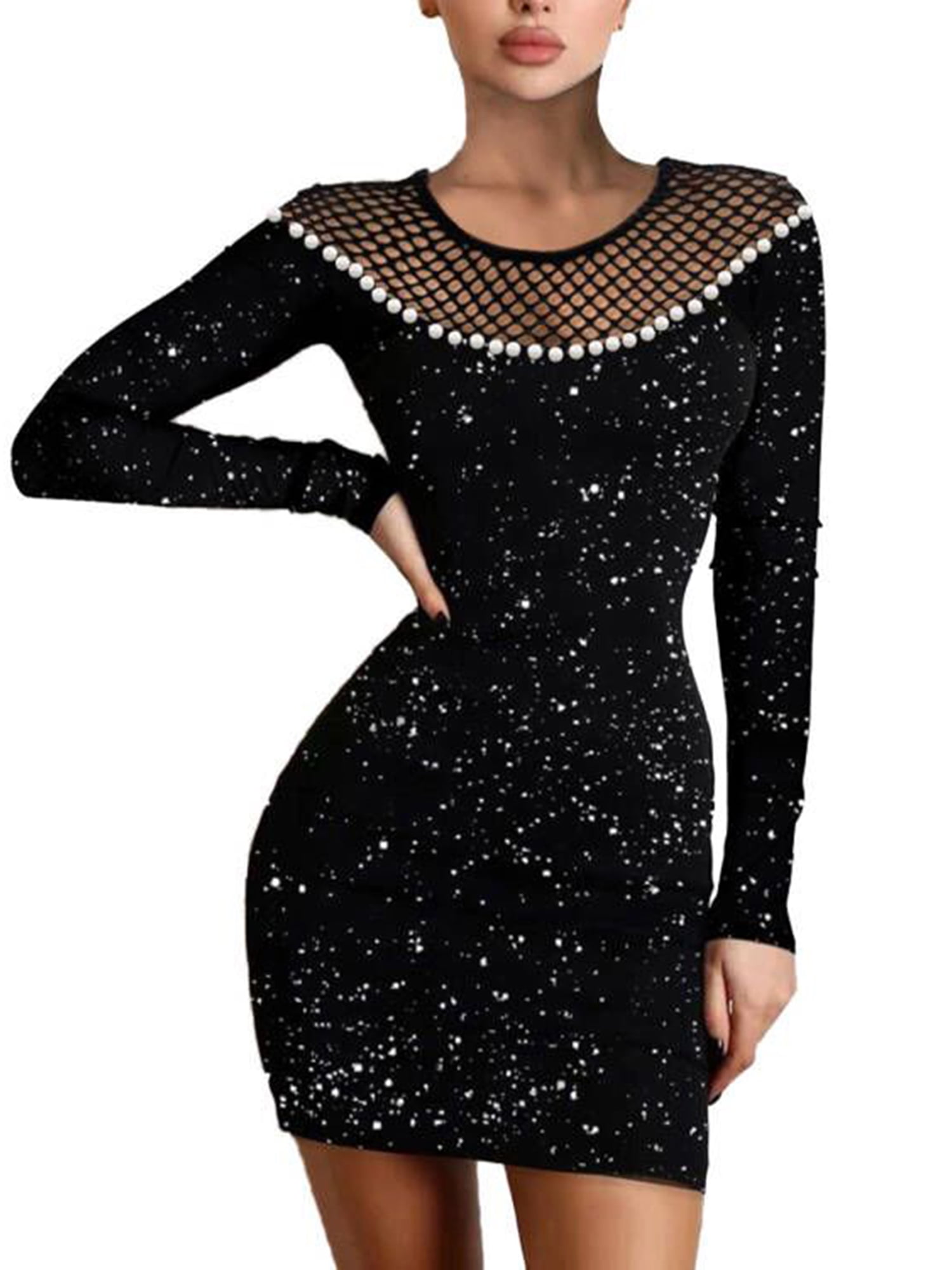 Wsevypo Women Mini Dress Sequin Long Sleeve Pearl Mesh Hollow Patchwork Bodycon Dress Cocktail Party Club Dress, Women's, Size: Medium, Black