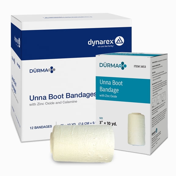Dynarex Dürma  Unna Boot Bandages with Zinc Oxide - Maintains Moist Environment and Provides Compression for Leg Ulcers, Edema, Sprains - 3" x 10 yds - Case of 12 Rolls