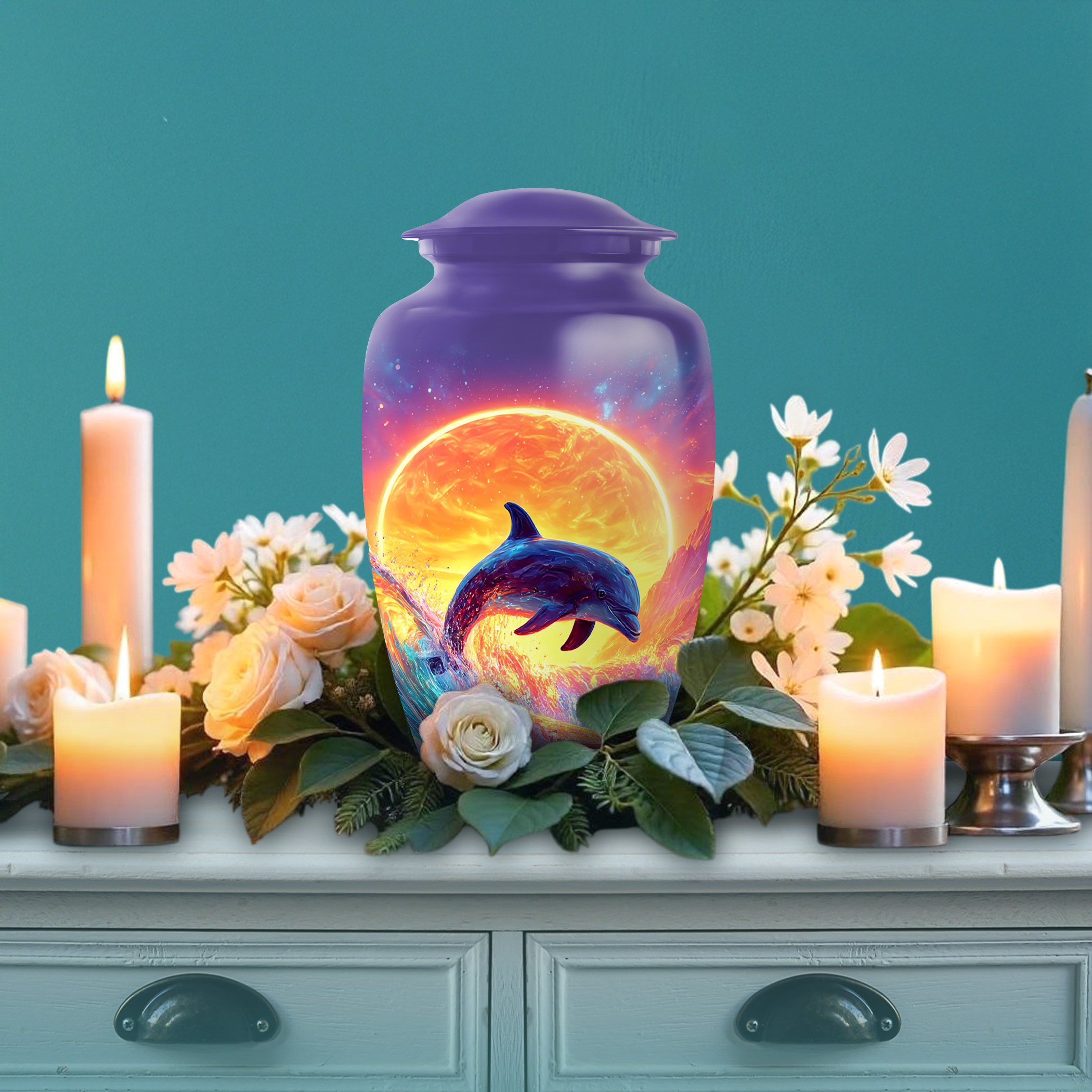 SABURIAL Dolphin Urn - Mini Keepsake Urns for Male & Female Ash - Lovely Funeral Urns for Adult Human Ash - Tribute Urn for Women Ashes - Combo - 10 Inch Large & 3 Inch