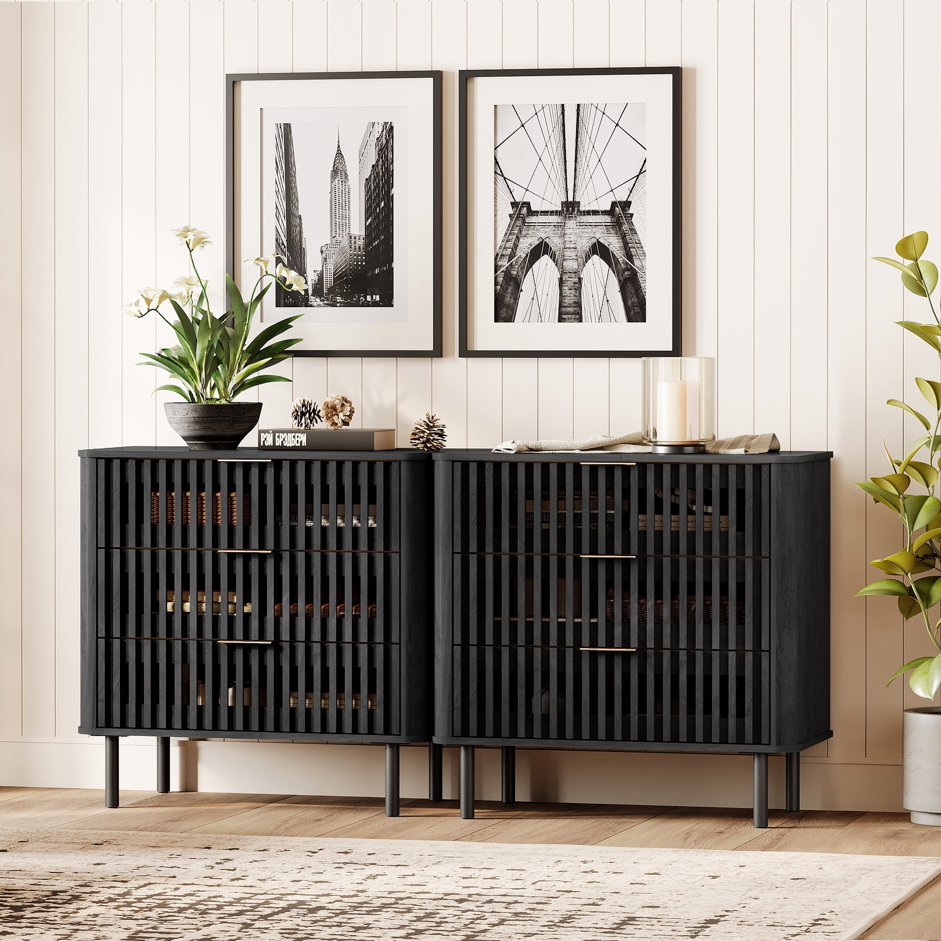 63"W Sideboard Buffet Cabinet with Storage, Fluted Kitchen Buffet Storage Cabinet with 6 Drawer, Large Coffee Bar Cabinet, Modern Buffet Table for Dining Living Room, Black