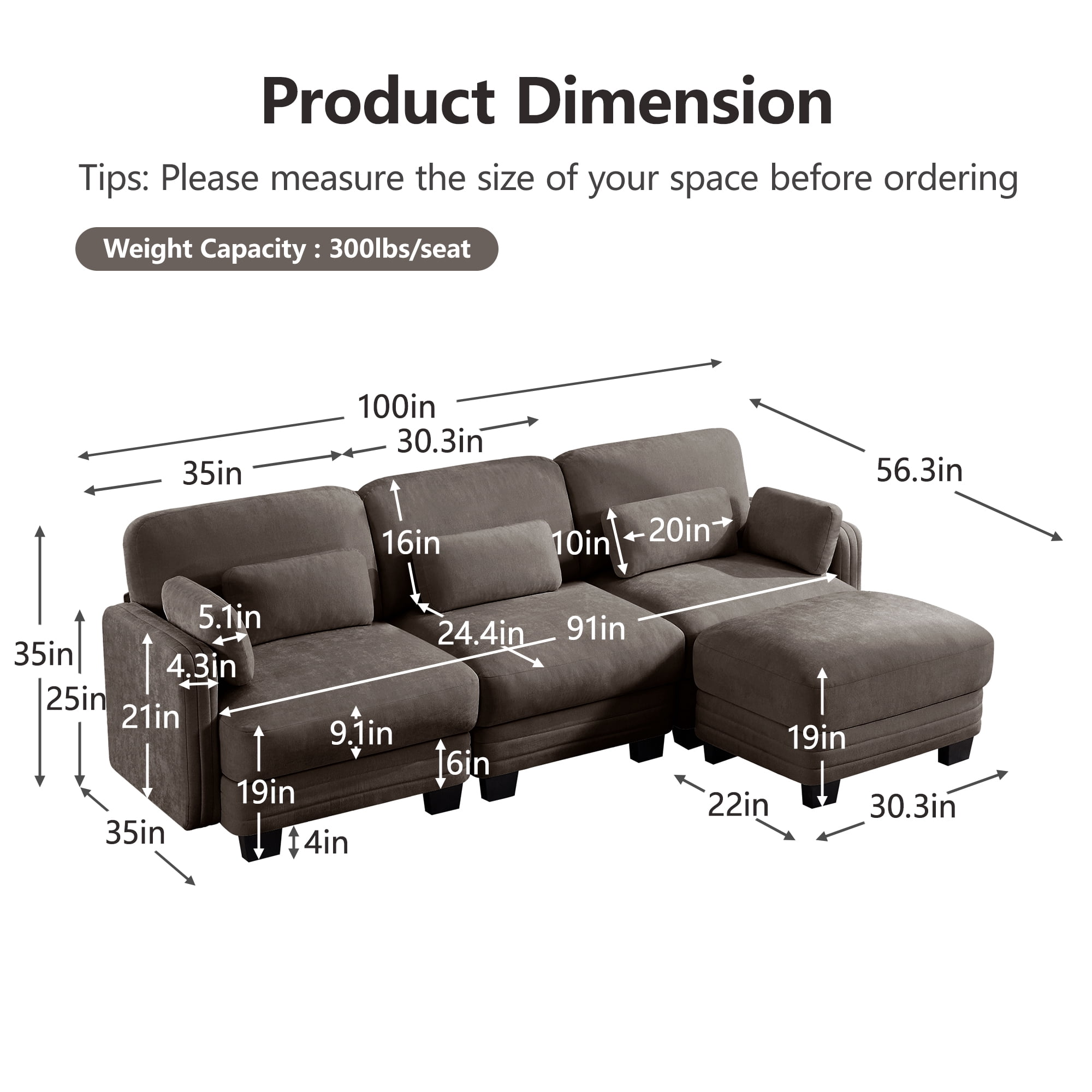 100" L Shape Modern Modular Sectional 3 Seater Sofa Couch with Movable Ottoman and 5 Pillows