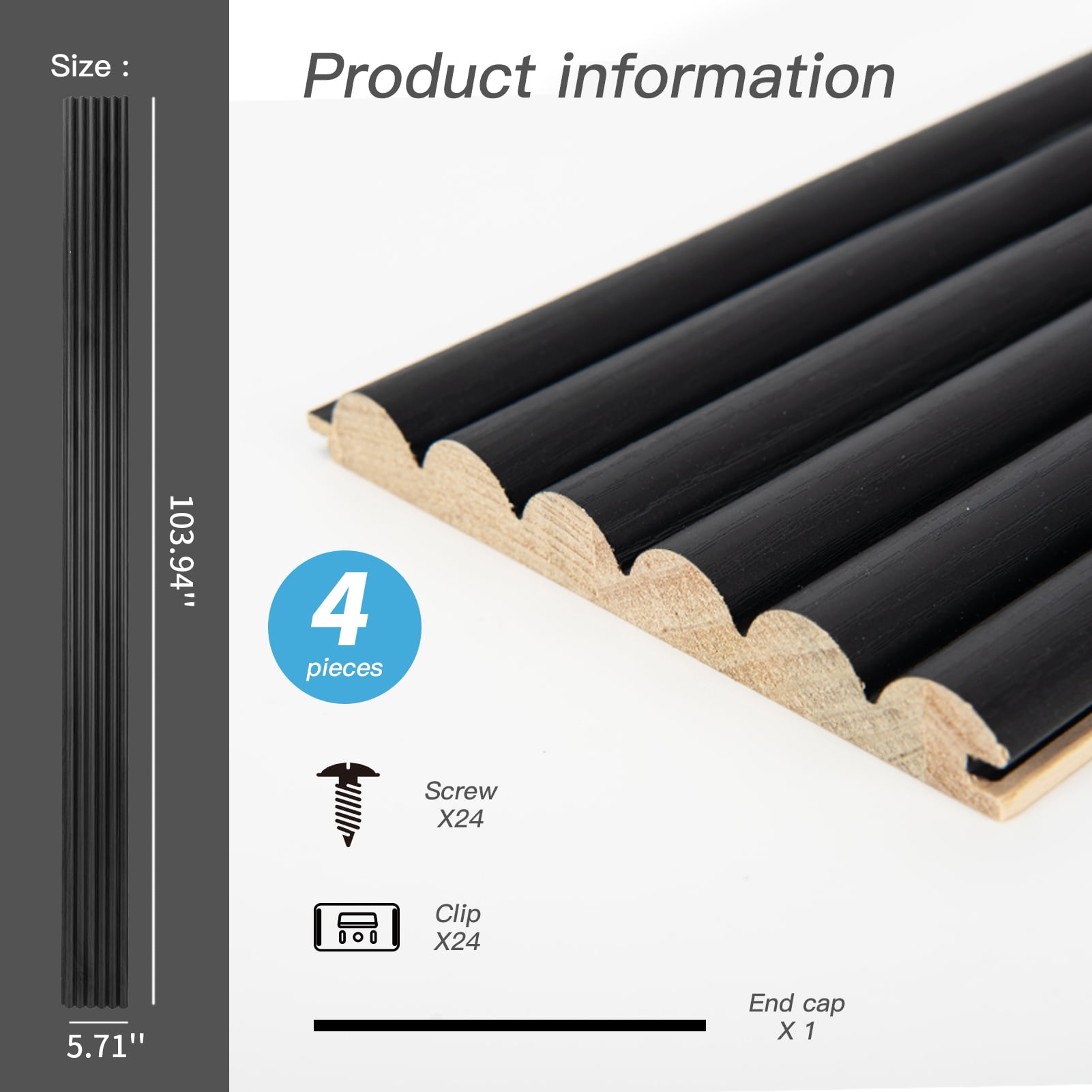 4PCS 103.94''x 5.71' Fluted Wall Paneling , Textured Wood Accent Paneling for Ceiling & Wall Decor,Black