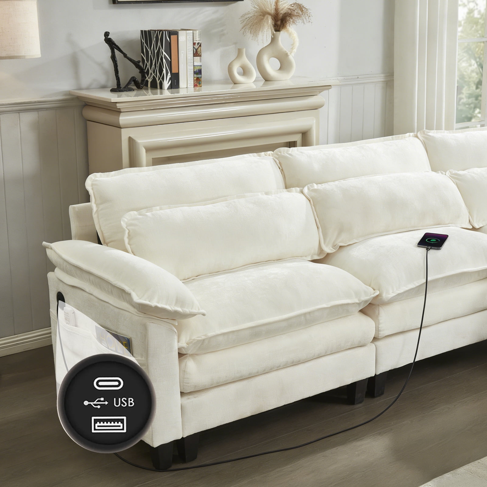 Aisword 113" Modular Sectional Sofa,L Shaped Modern Cloud Couch with Ottoman,3-Seat Chenille Deep Seat Sofa,USB Port,Beige