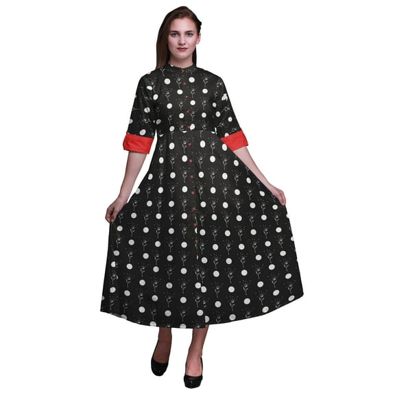 Bimba Leaves Printed Roll Up Sleeves Button Down Mid-Calf Women Shirt Dress-X-Small