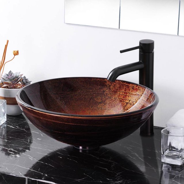 Aquaterior Retro Round Tempered Glass Vessel Sink P2 with ORB Faucet Mount Ring 1 1/2" Pop Up Drain Combo Set Bathroom Aquaterior Modern