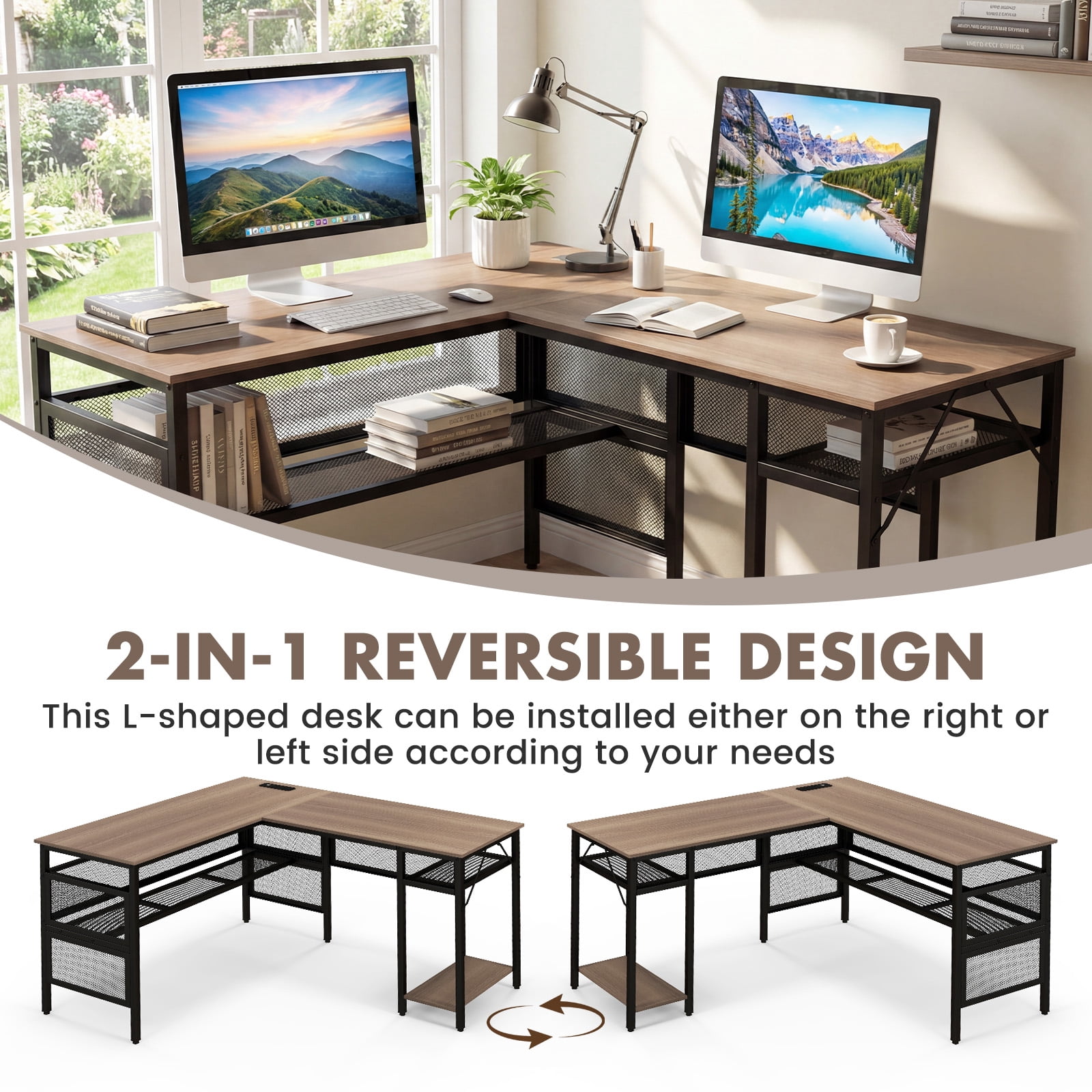 Giantex L Shaped Desk w/Power Outlets & USB Ports, Reversible Corner Computer Desk, 2 Person Gaming Table