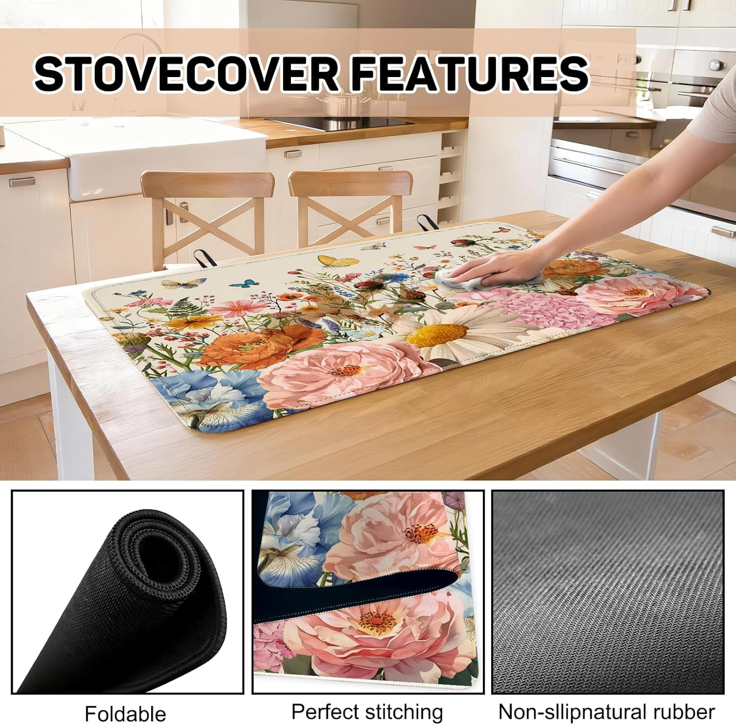 Retro Floral Stove Top Cover for Electric Stove 28"x20" - Wild Flowers Stove top Cover, Floral Heat Resistant Glass Cooktop Cover, Flat Range Stovetop Protector, Dish Drying Mat for Kitchen
