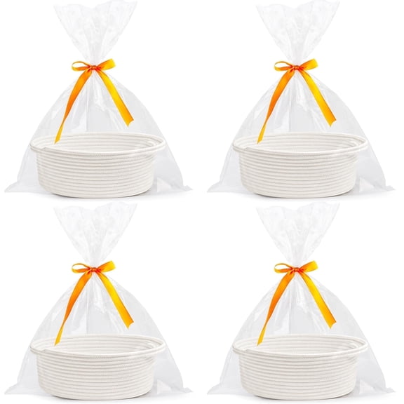 4Pcs Small Woven Basket with Gift Bags and Ribbons, 12" x 8" x 5" Empty Gift Basket with Handles, White