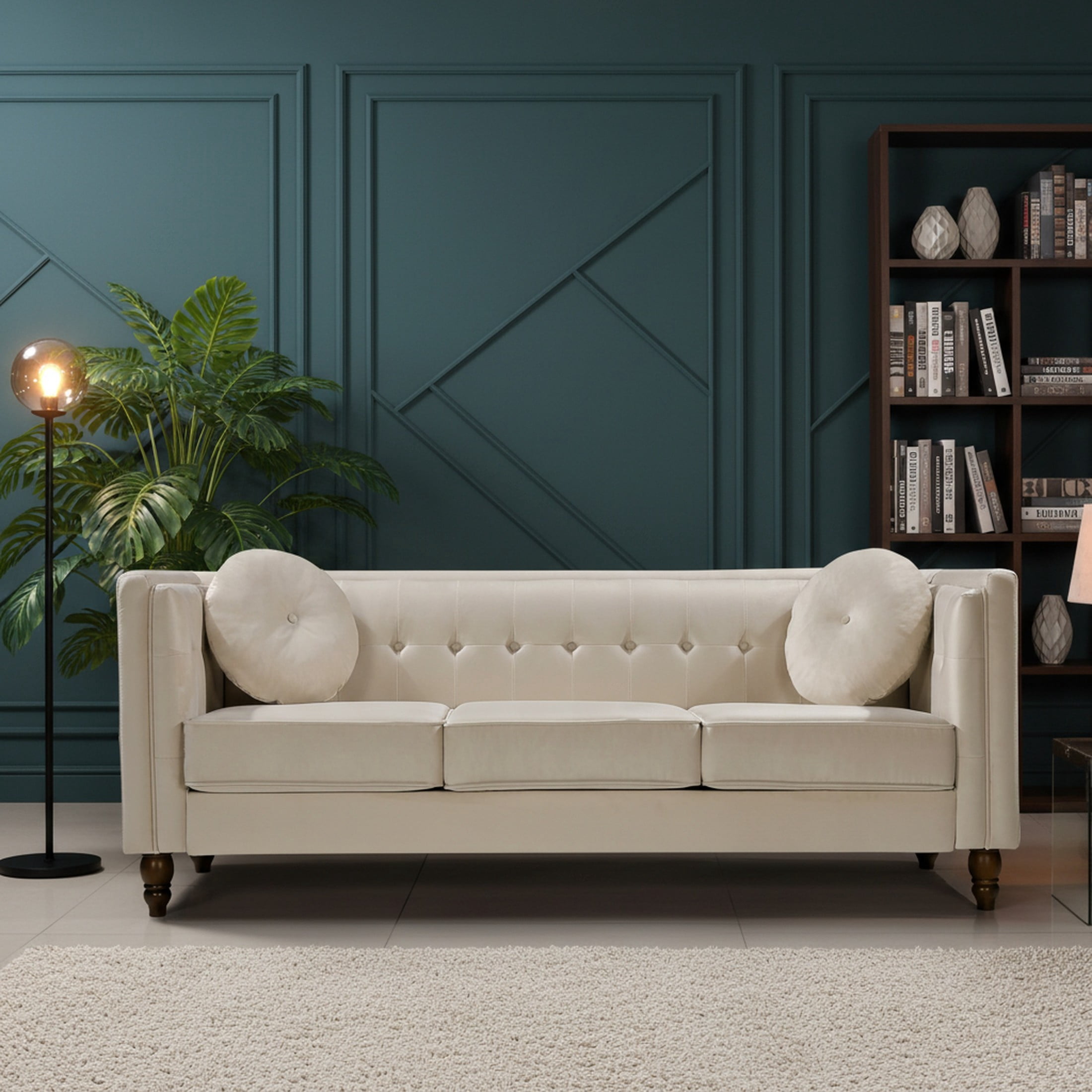 GDF Studio 80.7" Chesterfield Tufted Sofa with Square Arms, Crushed Velvet Upholstery, Ivory