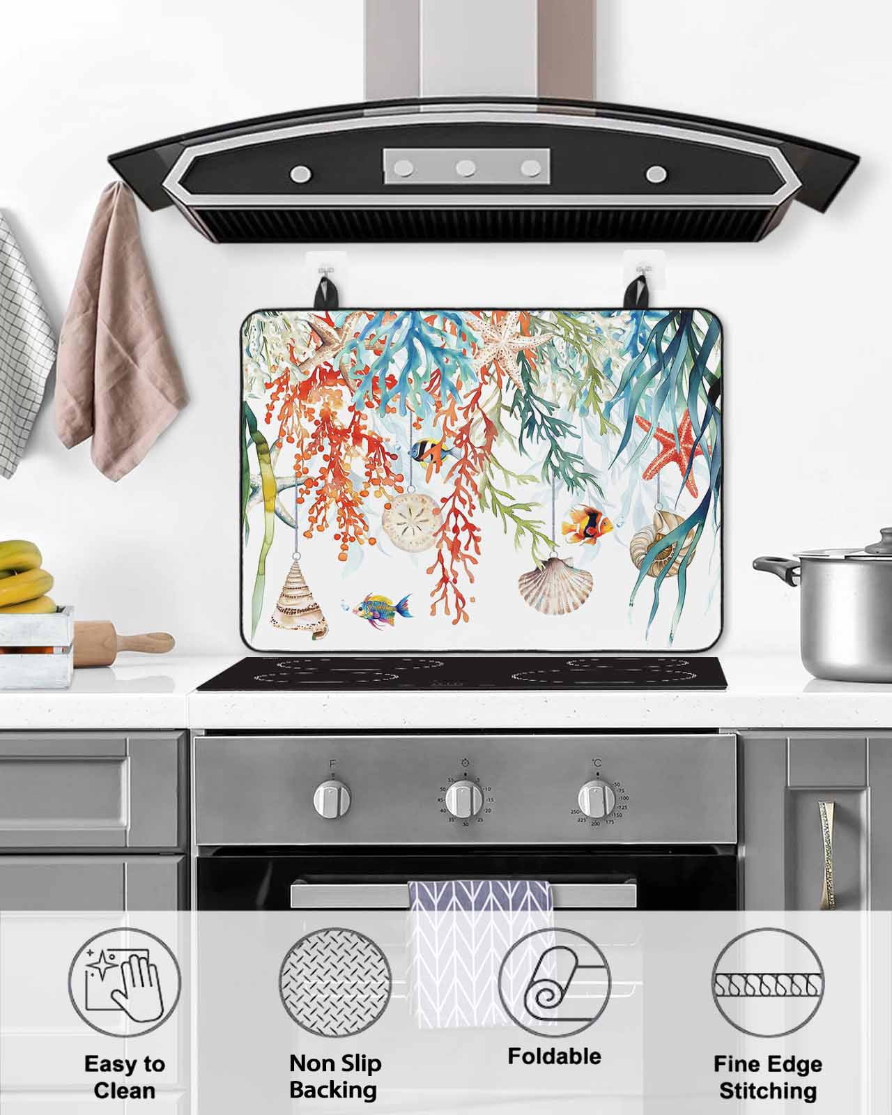 nqOlkjepod Large Induction Cooktop Protector Mat 36"x21", Coastal Ocean Stove Top Covers for Electric Stove, Summer Beach Coral Shell Starfish Stove Burner Cover Mats, Glass Top Stove Cover