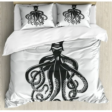 Octopus Queen Size Duvet Cover Set, Animal with Contemporary Design Nautical Aquatic Character Illustration, Decorative 3 Piece Bedding Set with 2 Pillow Shams, Charcoal Grey White, by Ambesonne