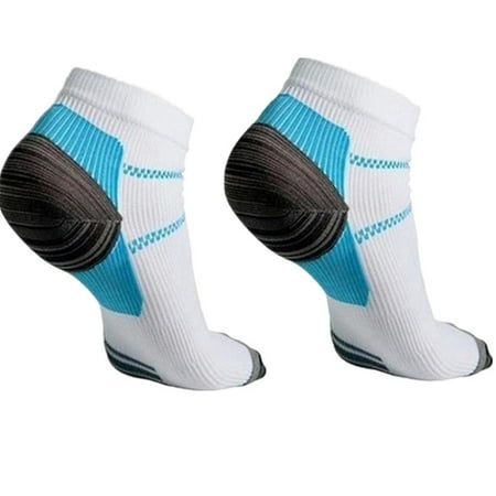 6 Pair Plantar Fasciitis Socks Heel Pain Foot Pain Relief Arch Support Running Gym Compression Foot Socks & Low Cut Foot Sleeves FREE Eyeglass Pouch by Juniper's Secret (White/Blue, S/M)