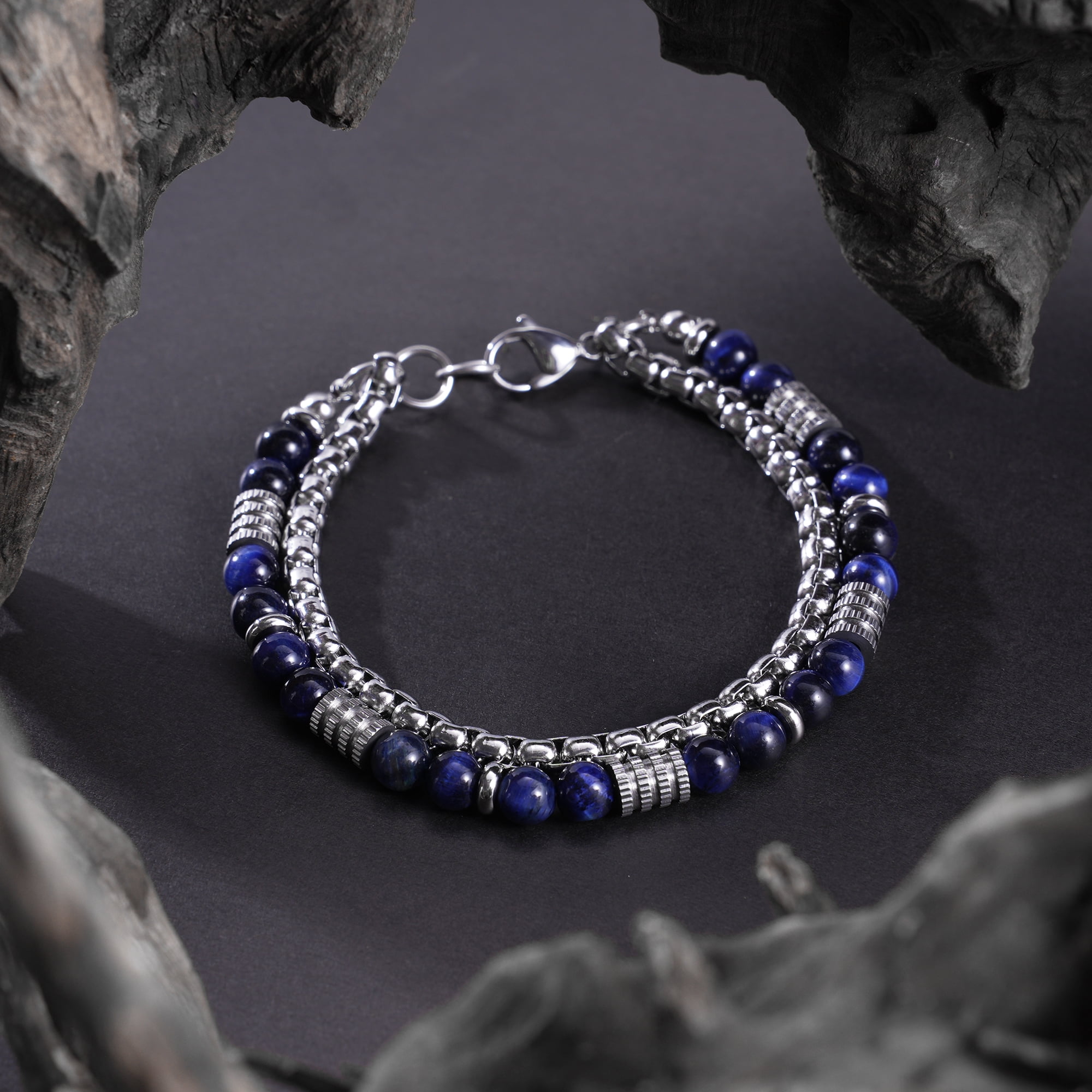 Iron Saints Men Lapis Lazuli Bead Box Chain Bracelets, Stainless Steel, Blue Stone Men Jewelry