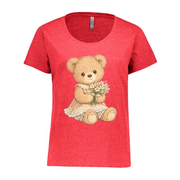 Inktastic Cute Teddy Bear Holding Flowers Women's Plus Size T-Shirt
