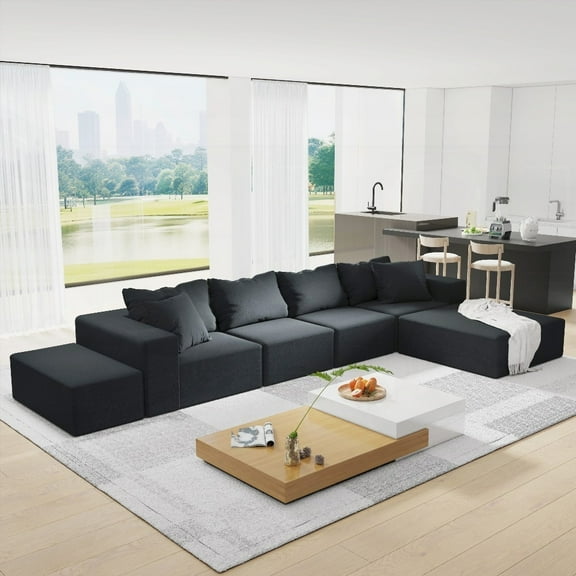 Modern Upholstered 132"L Shaped Sofa Set with 6 Pillows, Free Combination & Comfort