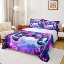 Homewish Kids Kawaii Gamepad Full Size Sheets, Fuchsia Blue Cartoon Bed Sheets, Game Console Lover Sheet Sets, Lightweight Room Decor, 4-Piece