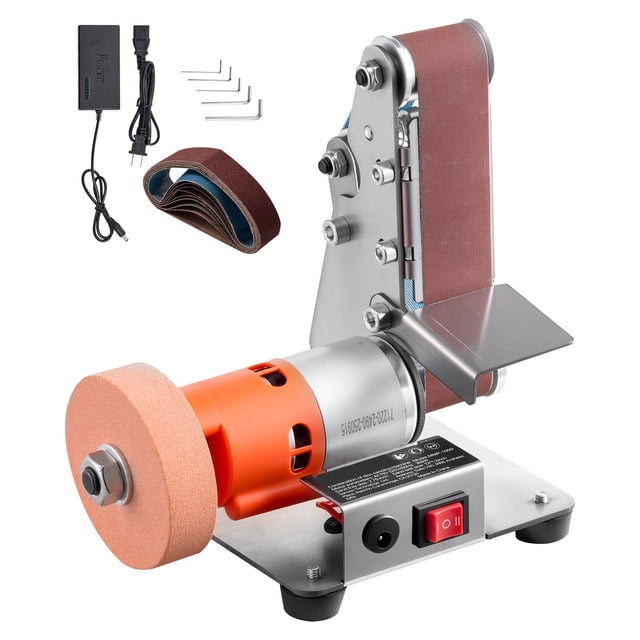 KFFKFF 3-in-1 Mini Belt Sander, 13" x 1.2" Sanding Belt, 2.75" Grinding & Polishing Wheel Combo, 7-Speed Adjustable with Forward/Reverse Control