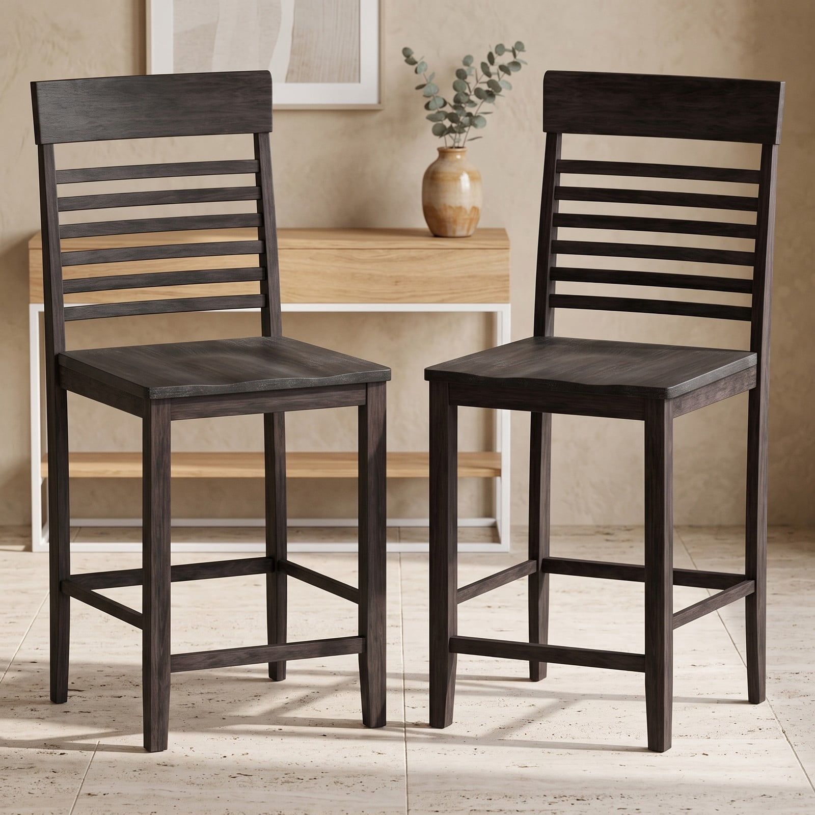 Furnibear Dining Chair Set of 2 with Footrests, Solid Rubber Wood Frame, Slatted Backrest Ergonomic Kitchen Side Chairs for Dining Room, Guest Room, 310 lbs, Gray