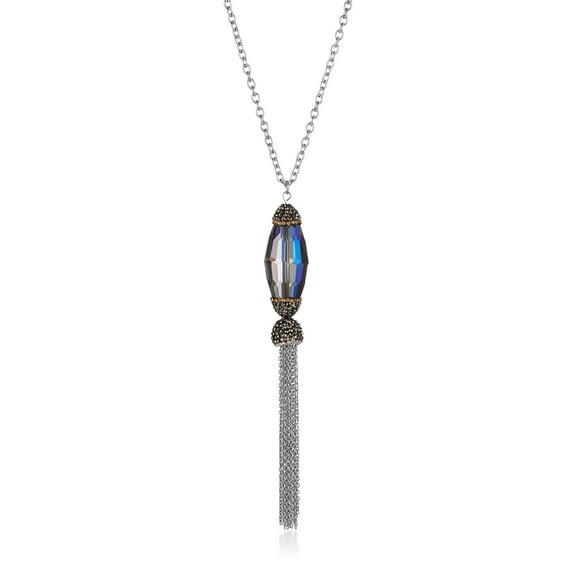 ELYA Women's Elongated Faceted Blue Crystal Steel Tassel Drop Necklace - 30"